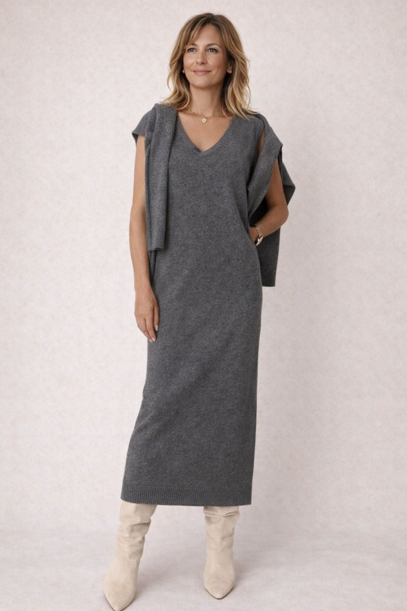 Dilia – Conjunto de Vestido Midi & Top de Punto con Cuello Alto