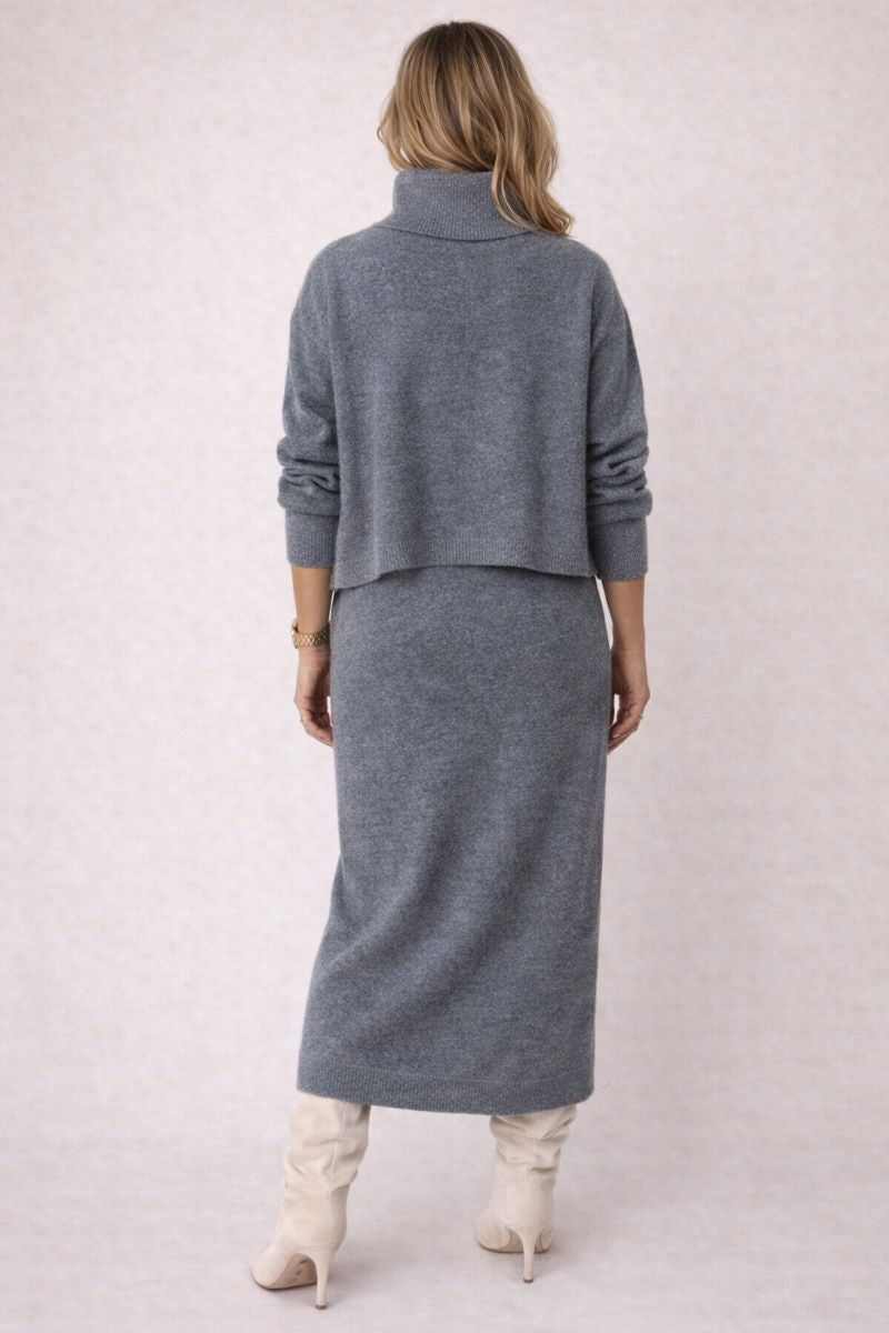Dilia – Conjunto de Vestido Midi & Top de Punto con Cuello Alto
