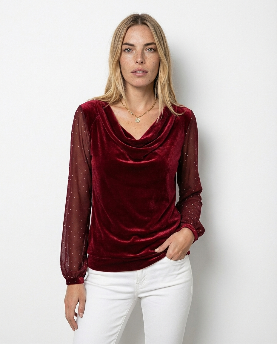 Blusa con Cuello Drappeado Detalles Semitransparentes  – Amelia